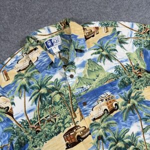 RJC Shirt Mens Large Blue Hawaiian Woody Car Surf Print Short Sleeve Button Up